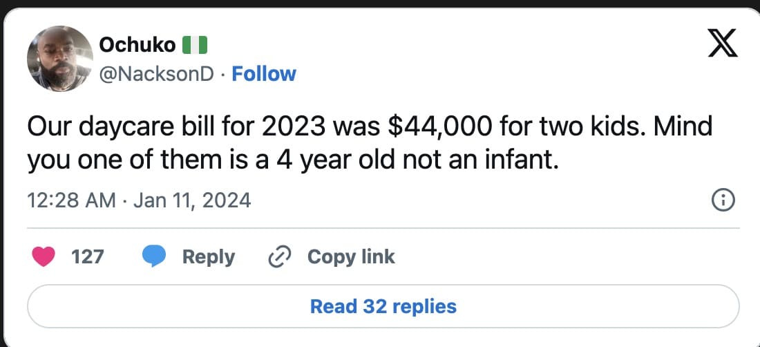 “$100K income isn’t enough to start a family” – US-based Nigerian rants after spending $44K on daycare